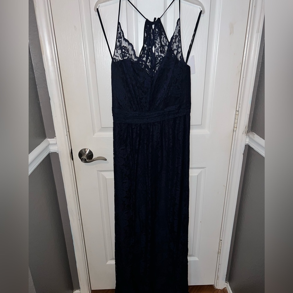 Amsale navy blue floor length dress with tags still on